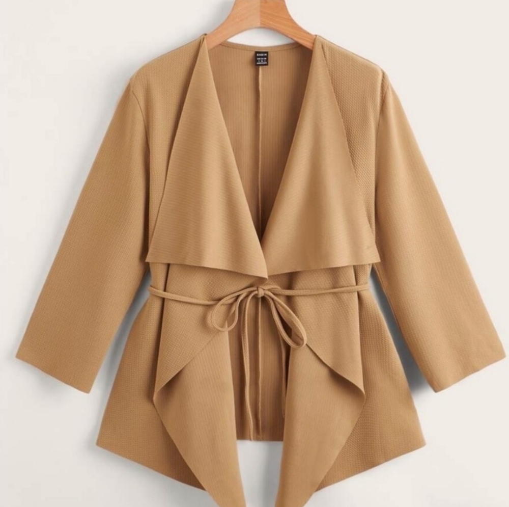 Waffle Texture Tie-Waist Jacket - Camel